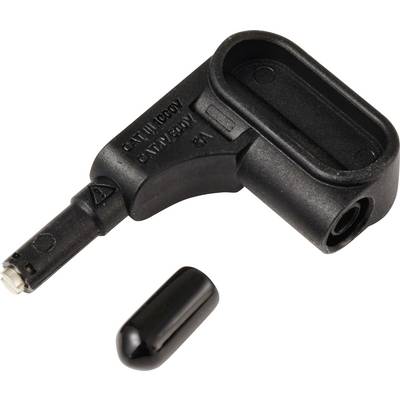 Un capuchon de bobine d'allumage noir en forme de L avec un résisteur haute tension est posé à côté d'un capuchon noir assorti qui recouvre l'extrémité du fil.