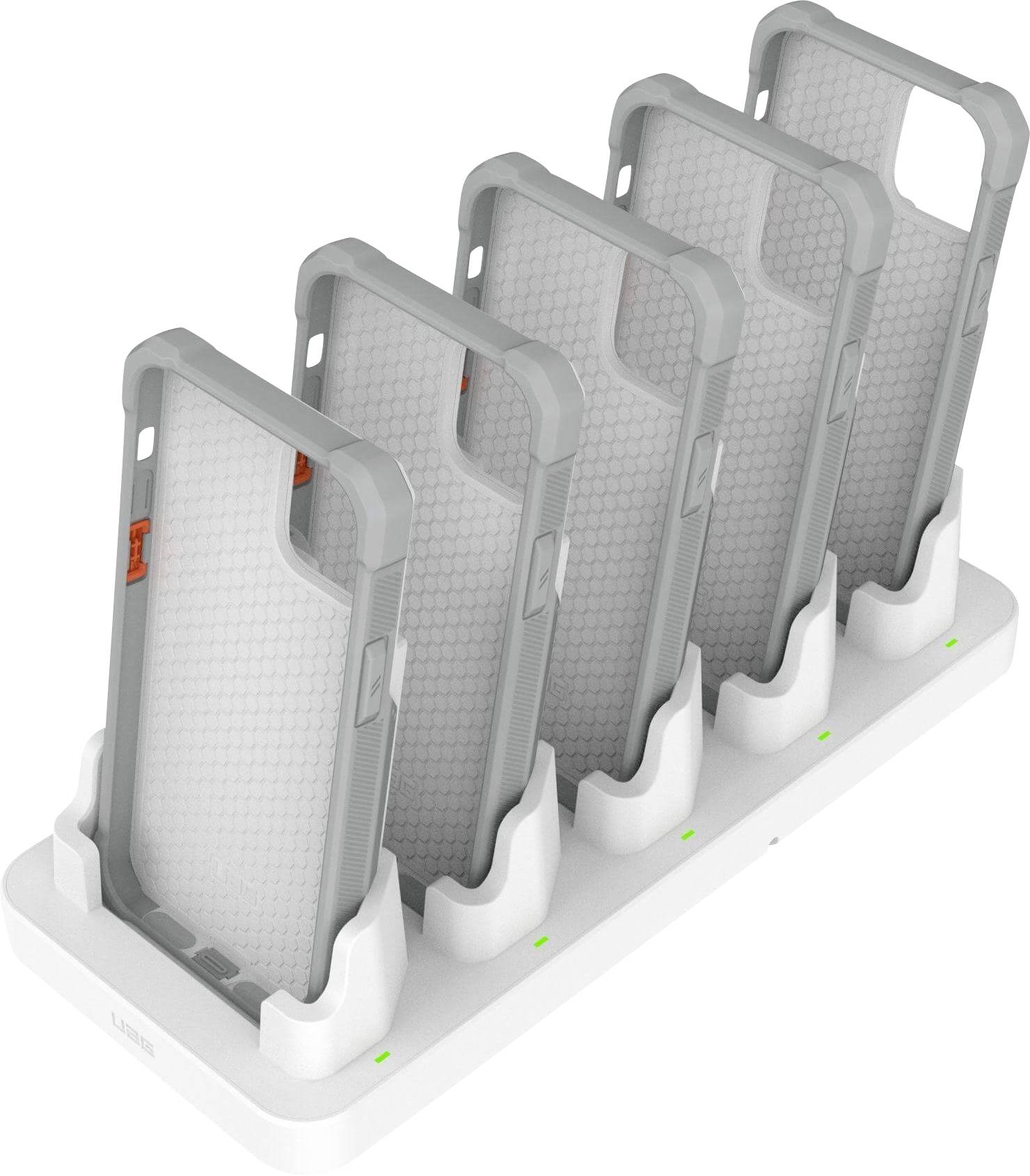 Une station de charge avec cinq emplacements, chacun contenant un étui de téléphone gris à texture en nid d'abeille, signalant une organisation et une capacité de charge.