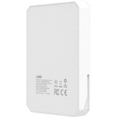 Pack de batterie pour boîtier de workflow UAG blanc, avec spécifications imprimées, incluant une capacité de 10200mAh et les détails d'entrée/sortie.