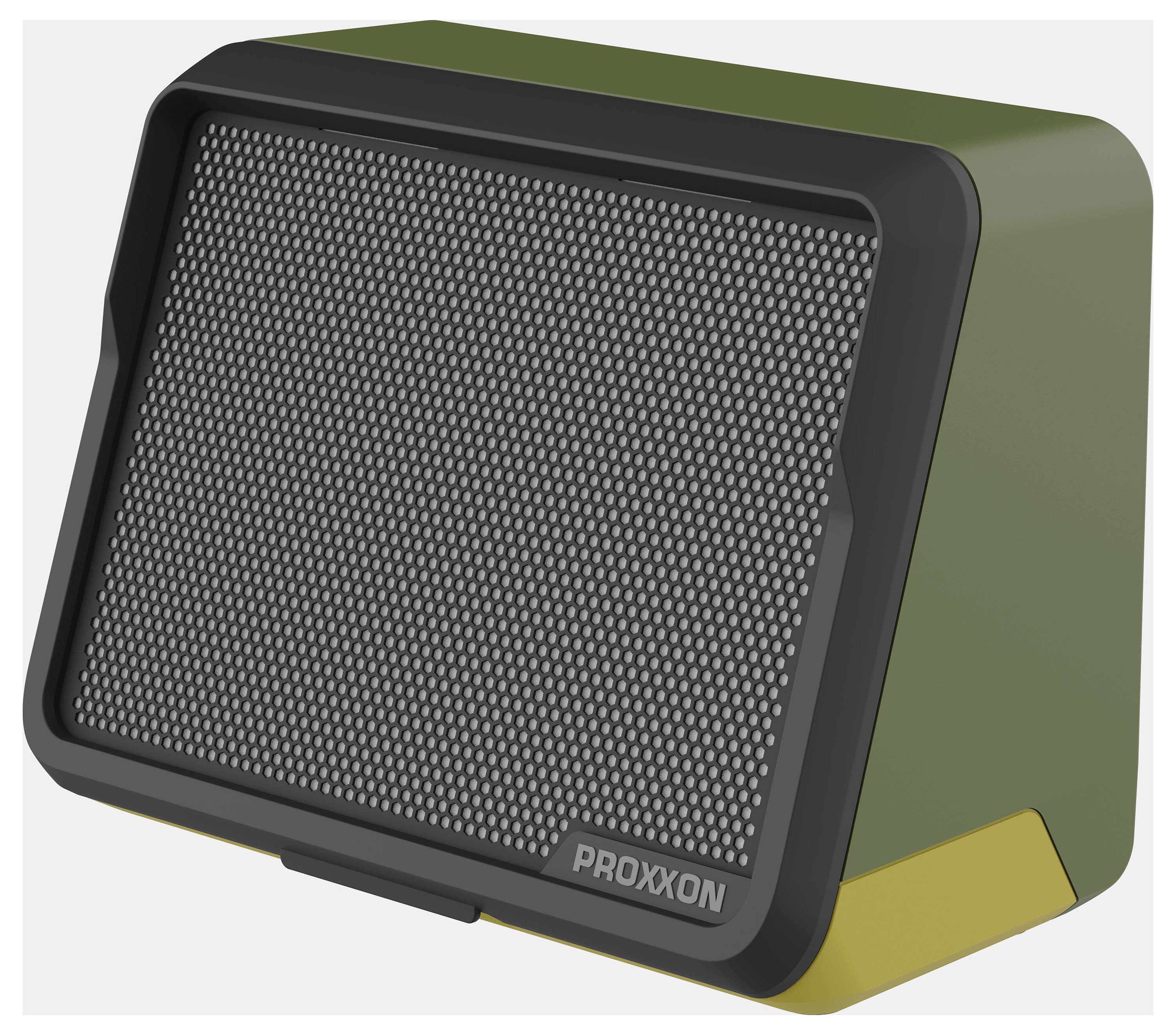 Un haut-parleur rectangulaire vert et jaune avec un avant en maille noire et le mot « Proxxon » inscrit en bas.