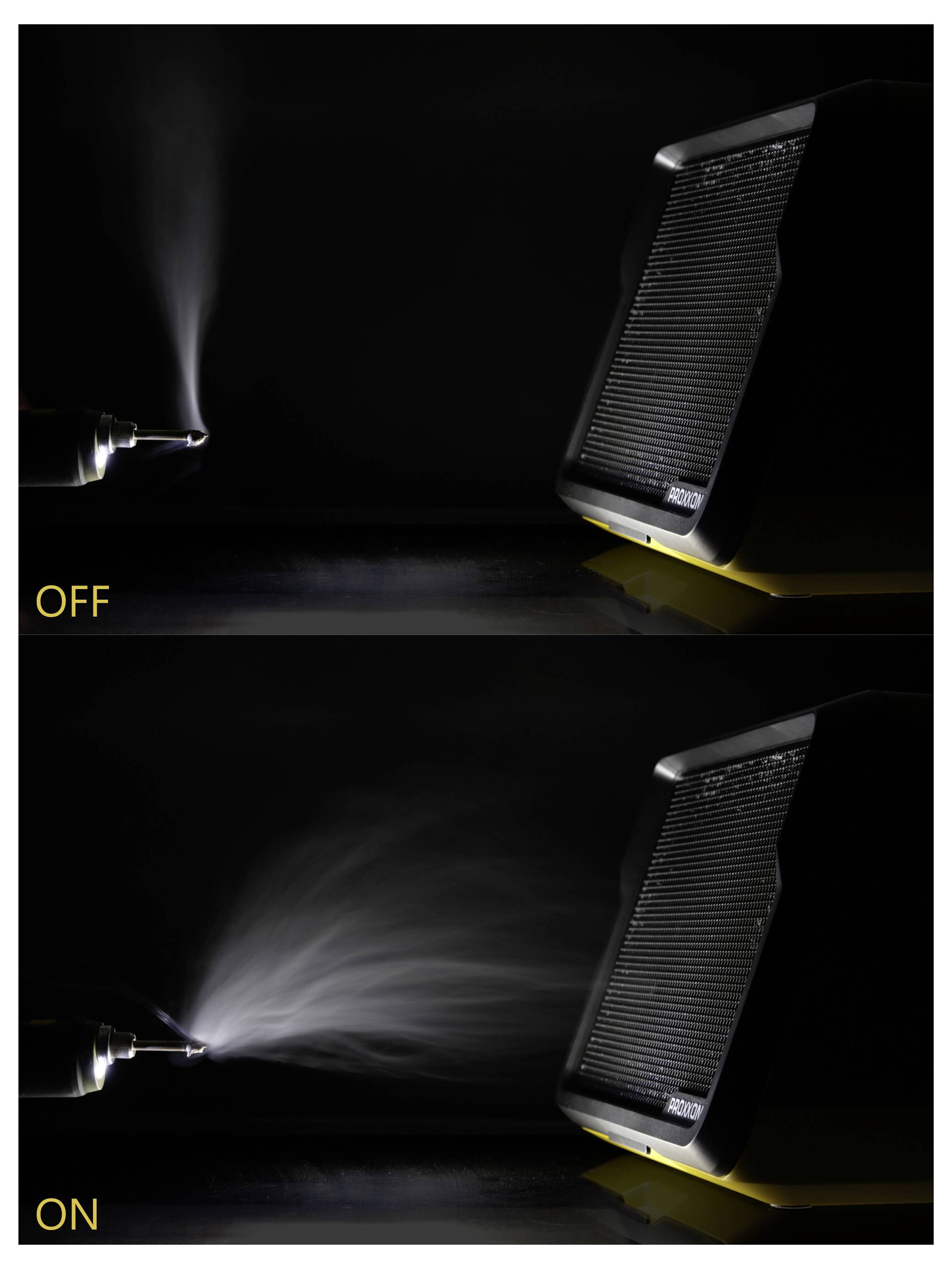 « OFF » montre de la fumée à peine dirigée vers un purificateur d'air ; « ON » montre le purificateur attirant la fumée plus fortement, démontrant l'efficacité de la filtration.