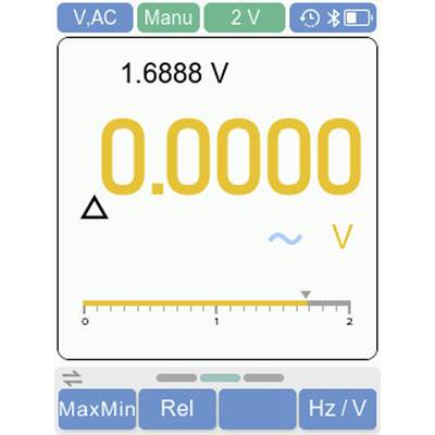 Affichage d'un multimètre numérique indiquant '0,00000 V', réglé pour mesurer la tension de courant alternatif sur une plage de 2 V avec les options 'MaxMin' et 'Rel'.