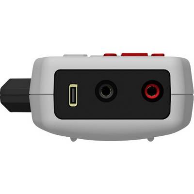 Un dispositif audio électronique blanc et noir doté d'un port USB et de deux prises audio sur un côté.