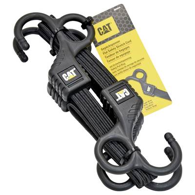 Cordages élastiques robustes 'CAT' avec crochets sécurisés par des bandes serrées, présentés dans un emballage étiqueté en jaune et noir avec des instructions multilingues.