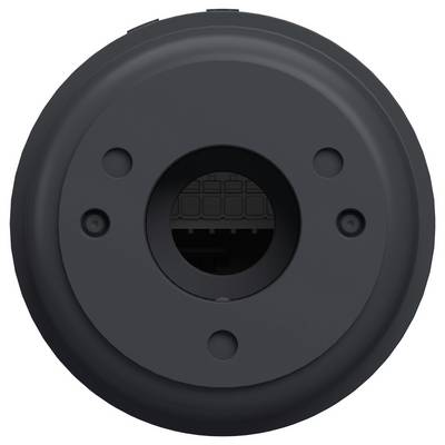 Vue de face d'un composant mécanique noir rond avec une ouverture centrale et quatre trous plus petits autour de celui-ci.