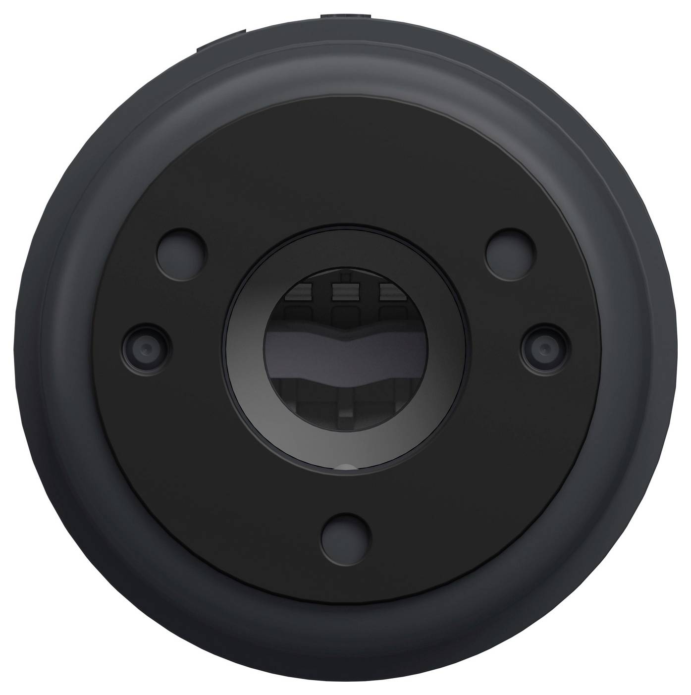 Module de capteur ou objectif de caméra circulaire noir avec une ouverture en verre centrale et quatre petites vis ou capteurs environnants.