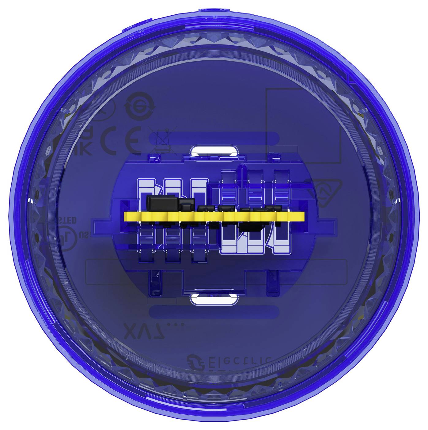 Connecteur électrique circulaire bleu ou prise vue de dessus, montrant une bande de bornes jaune central à l'intérieur d'un boîtier transparent.