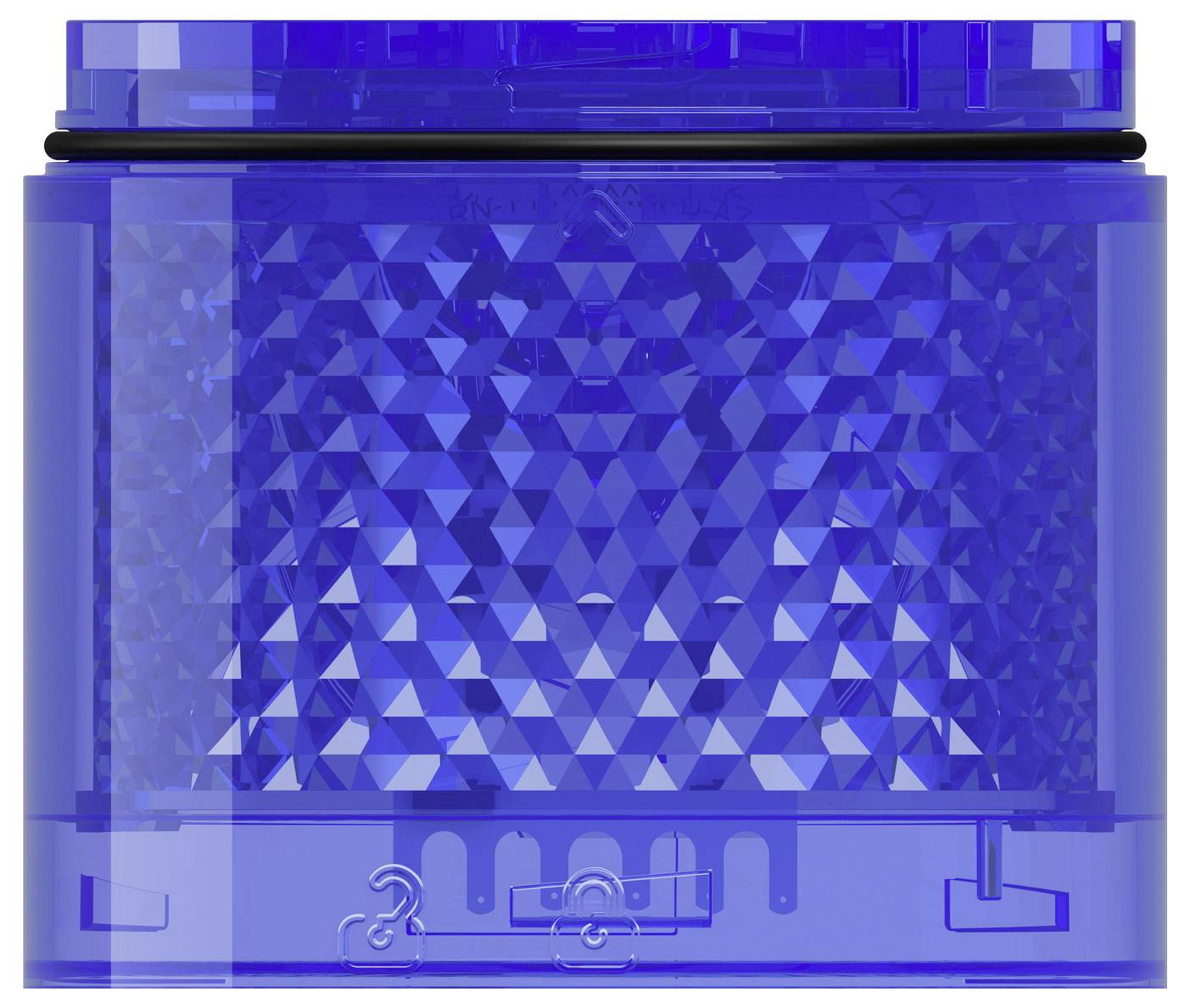 Appareil électronique rectangulaire translucide bleu avec un panneau frontal texturé et des sections supérieure et inférieure transparentes, présenté sur un fond blanc.