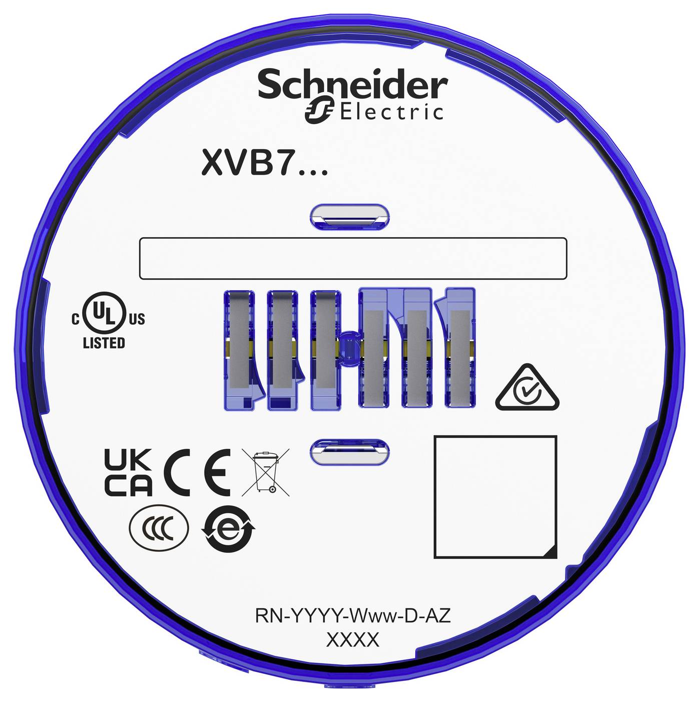 Étiquette ronde de dispositif Schneider Electric avec le modèle « XVB7... » et les marques de certification, affichant le code produit « RN-YYYY-Www-D-AZ XXXX ».