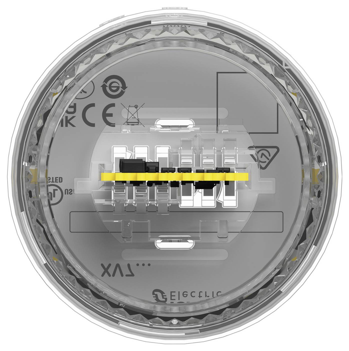Gros plan d'un appareil électronique rond avec un couvercle transparent, montrant les connecteurs internes et une barre d'alignement jaune.