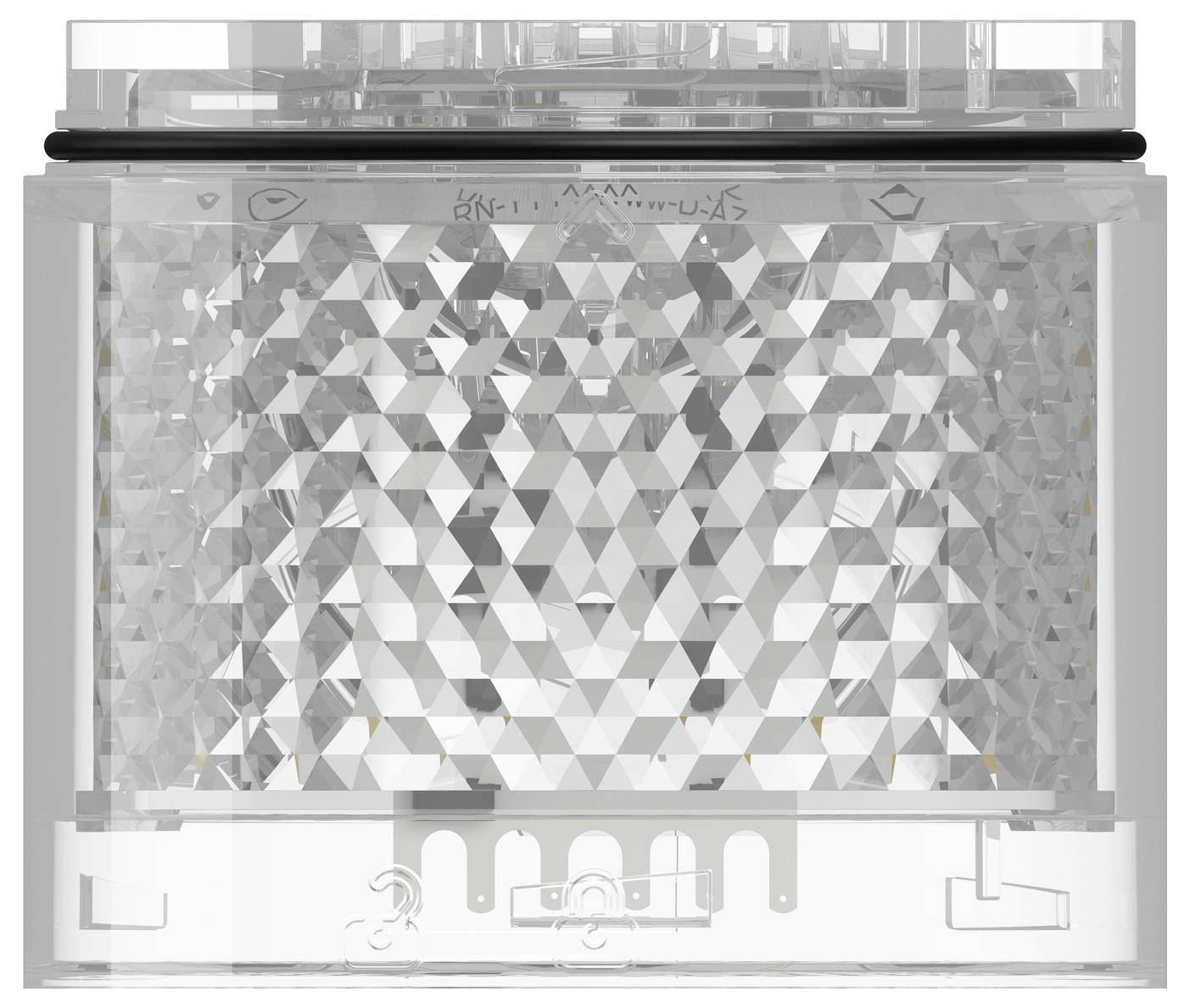Vue de face d'une cartouche ou d'un récipient d'appareil en plastique transparent avec un panneau intérieur texturé à facettes et des marquages de loquet.
