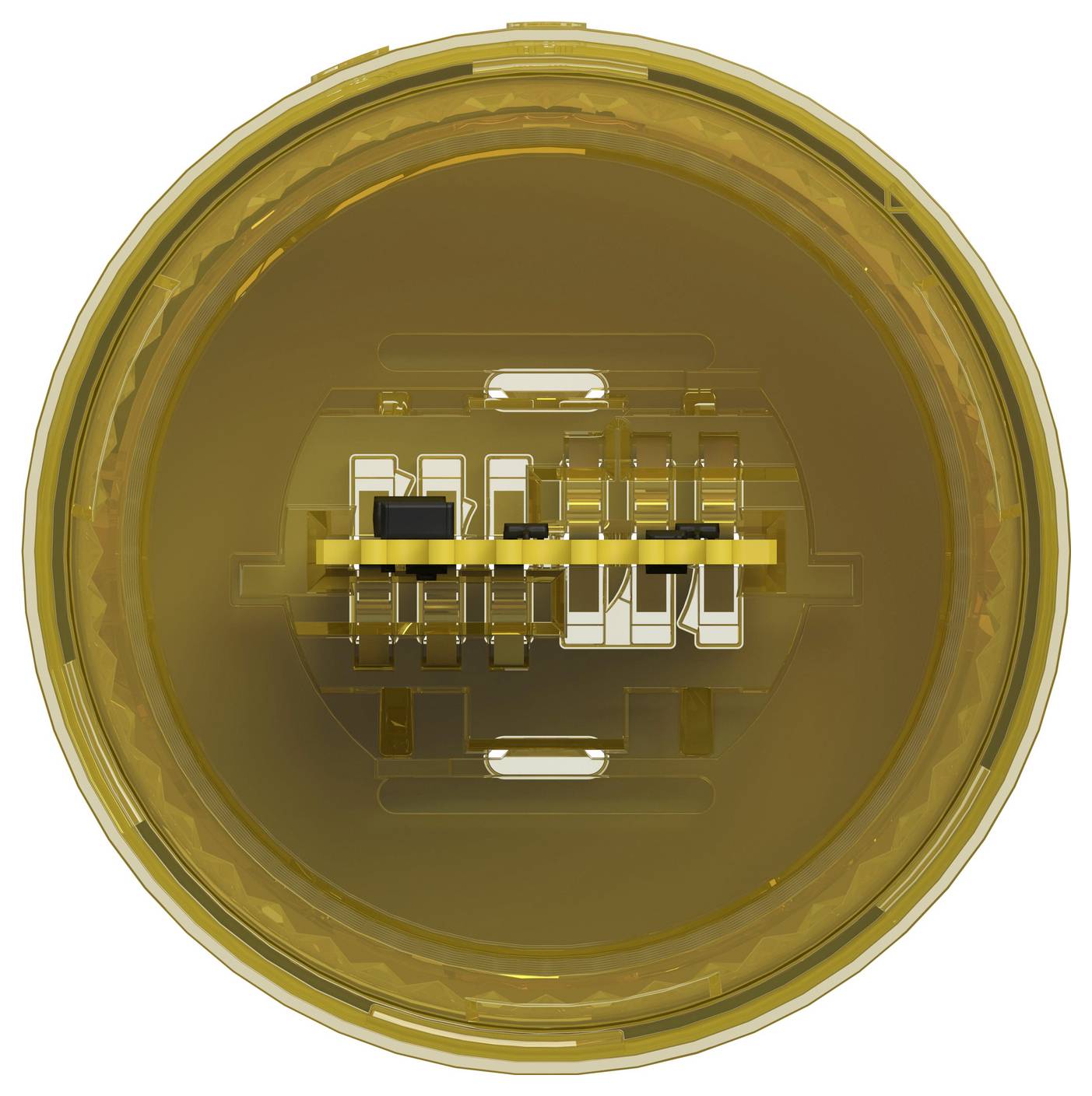 Vue de dessus d'un récipient cylindrique translucide ambré montrant les contacts métalliques internes et un assemblage de connecteur central.