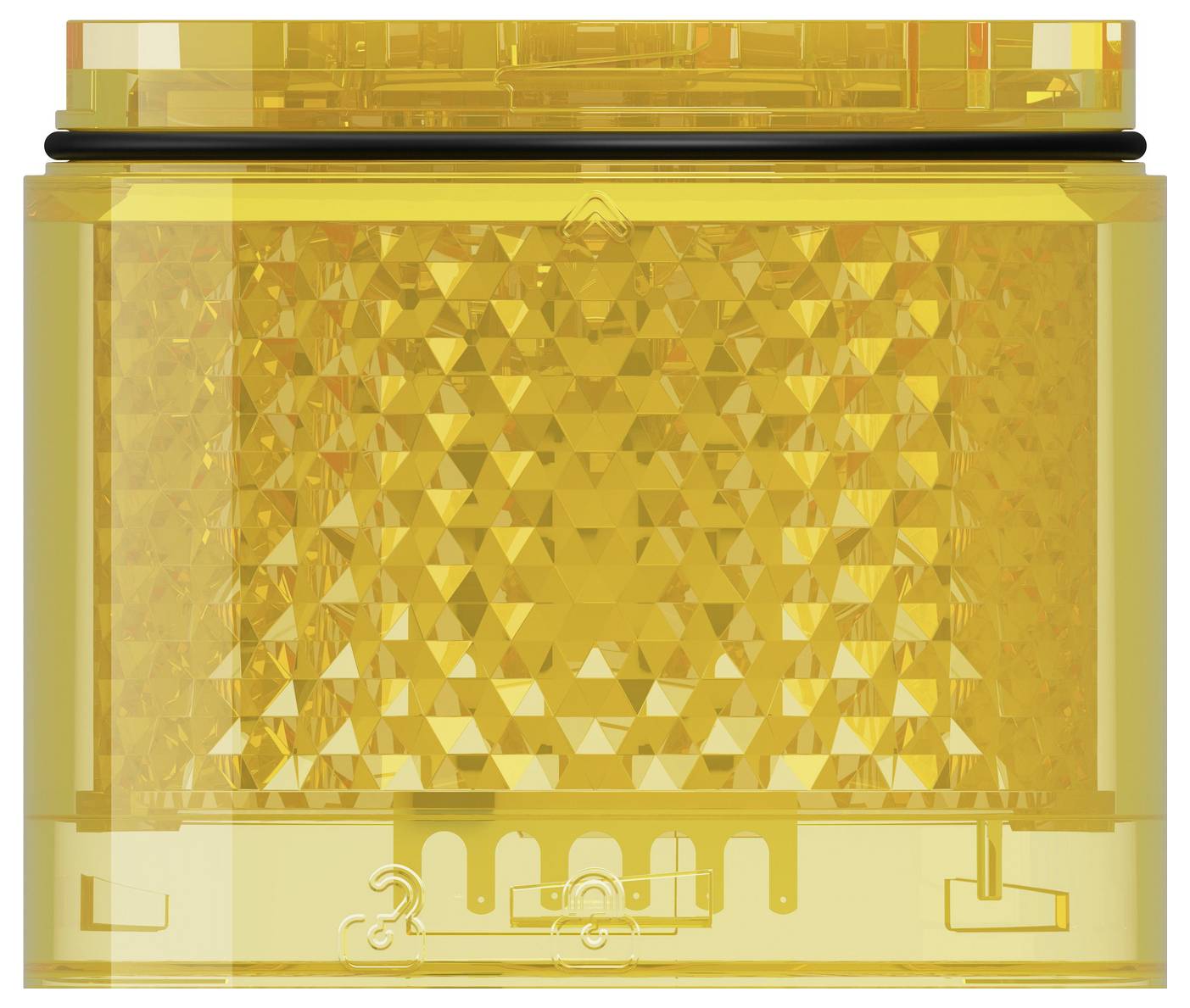Récipient en plastique jaune transparent avec intérieur à facettes géométriques et détails de fermeture, présenté en vue de face sur fond blanc.