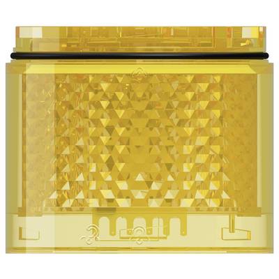 Récipient en plastique jaune transparent avec intérieur à facettes géométriques et détails de fermeture, présenté en vue de face sur fond blanc.