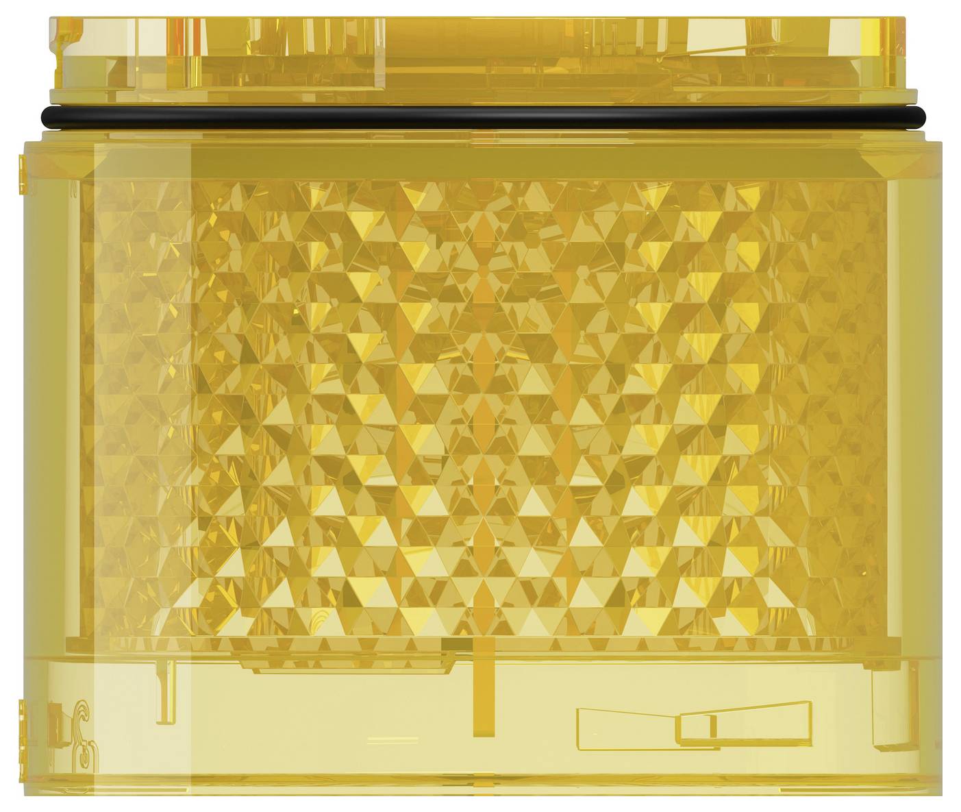 Récipient en plastique ambré transparent avec des côtés à texture facettée, montré en vue de face sur un fond uni.