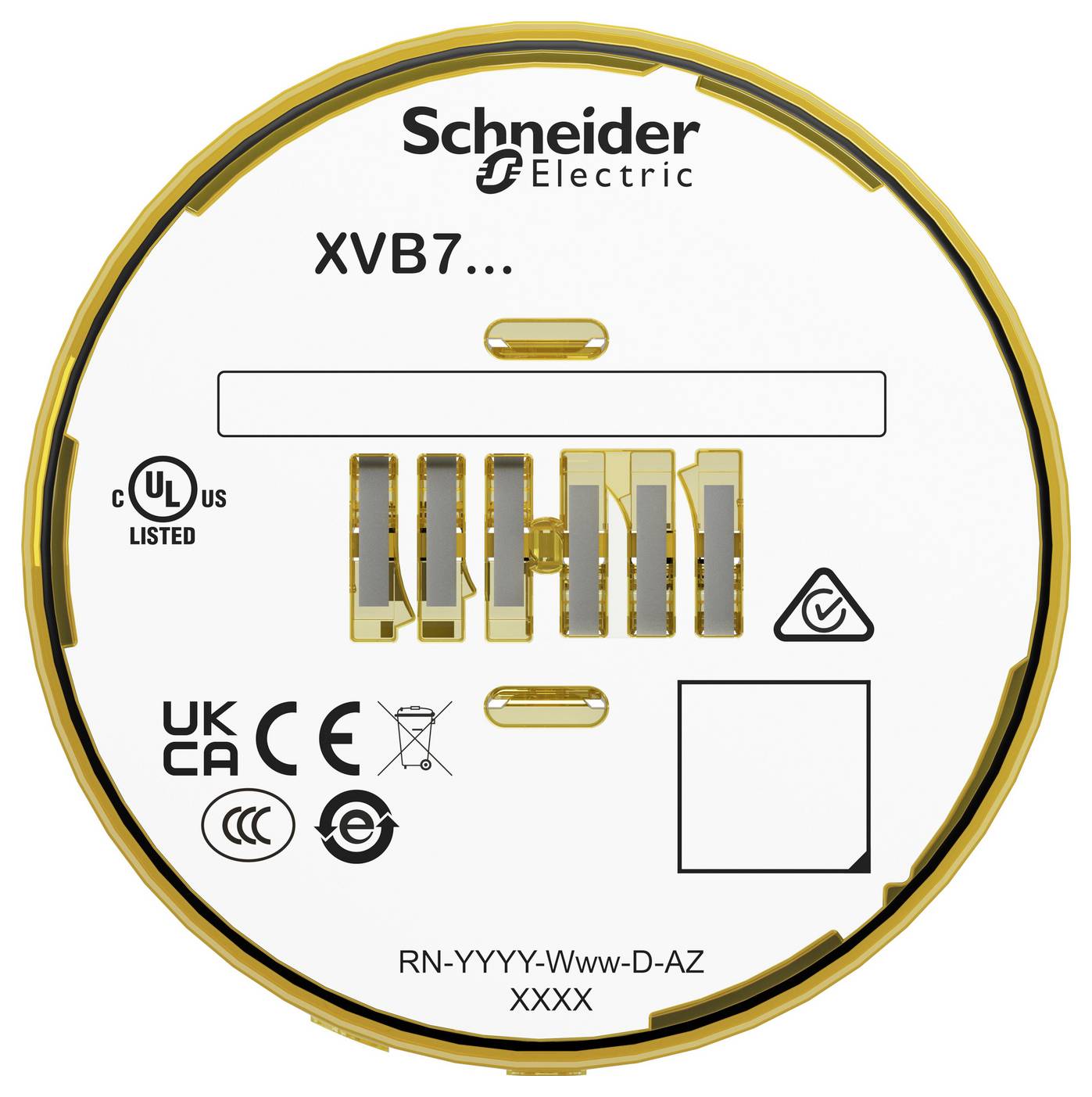 Étiquette de dispositif Schneider Electric XVB7 montrant les marques de certification, le code modèle « RN-YYYY-Www-D-AZ XXXX » et le diagramme des connecteurs/contacts.