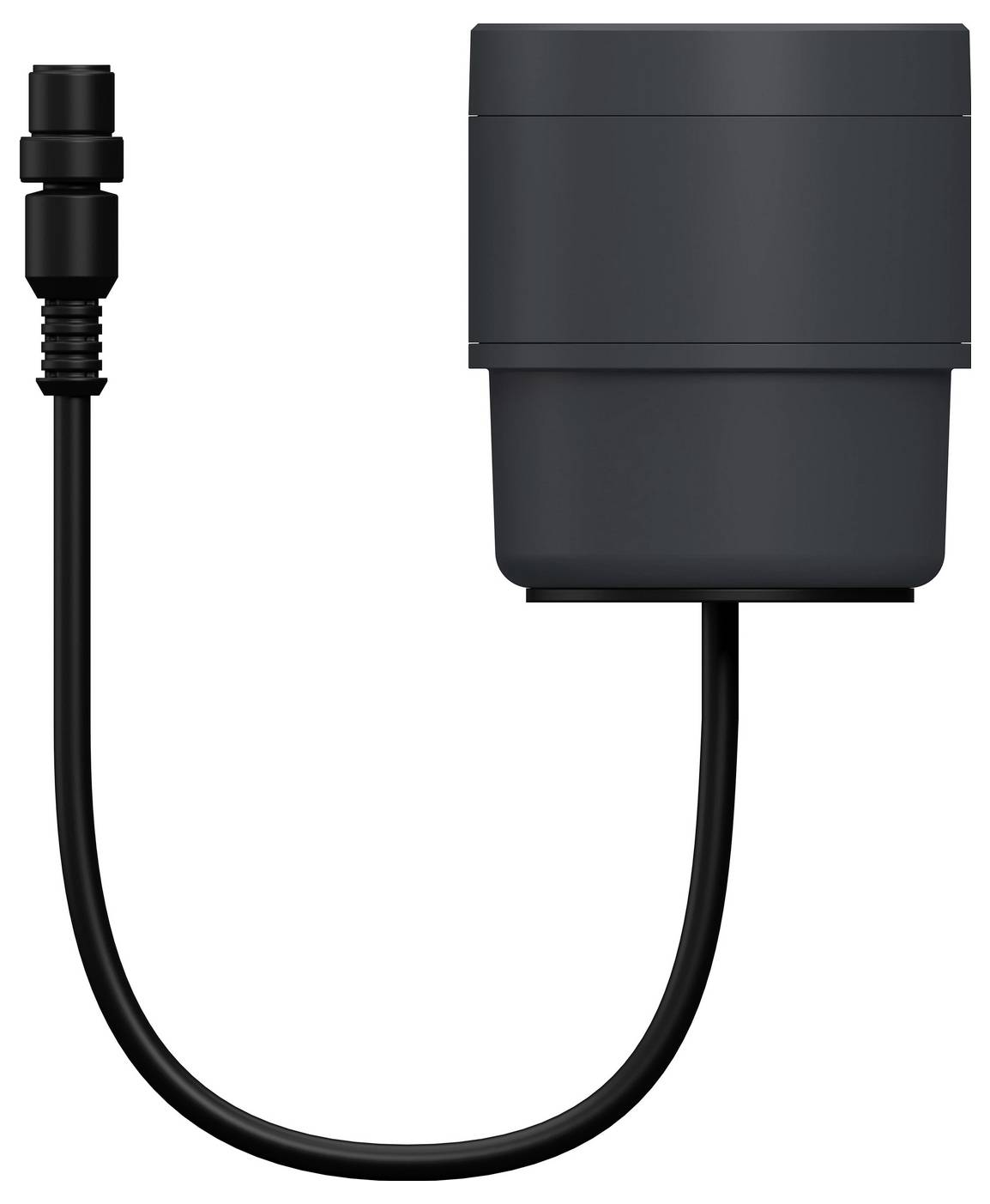 Câble noir avec un petit connecteur à une extrémité et un module rectangulaire à l'autre extrémité, présenté sur un fond blanc.