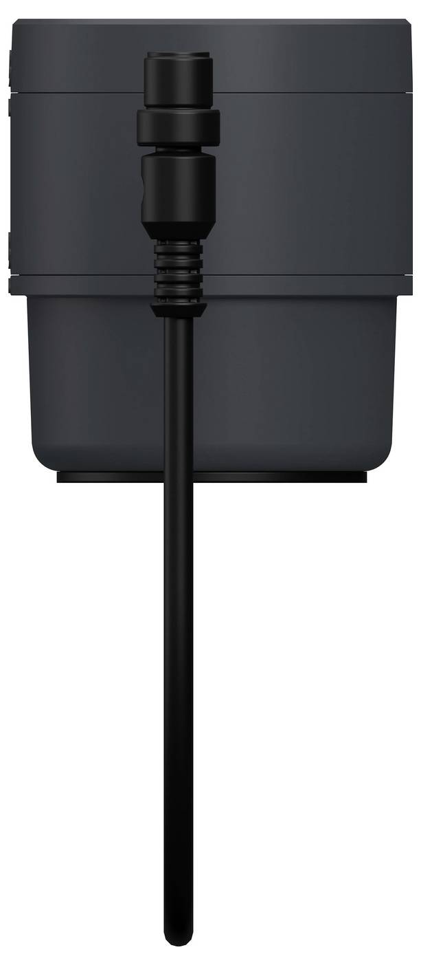 Sonde capteur cylindrique noire avec câble et tige longue fixée à un boîtier rectangulaire sur un fond blanc