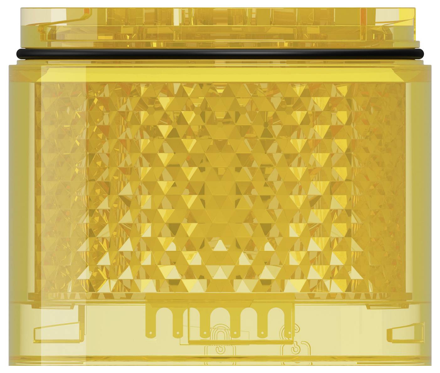 Gros plan d'une lumière de balise rectangulaire jaune translucide avec une lentille à facettes et un joint d'étanchéité noir, montrant les circuits internes en bas.