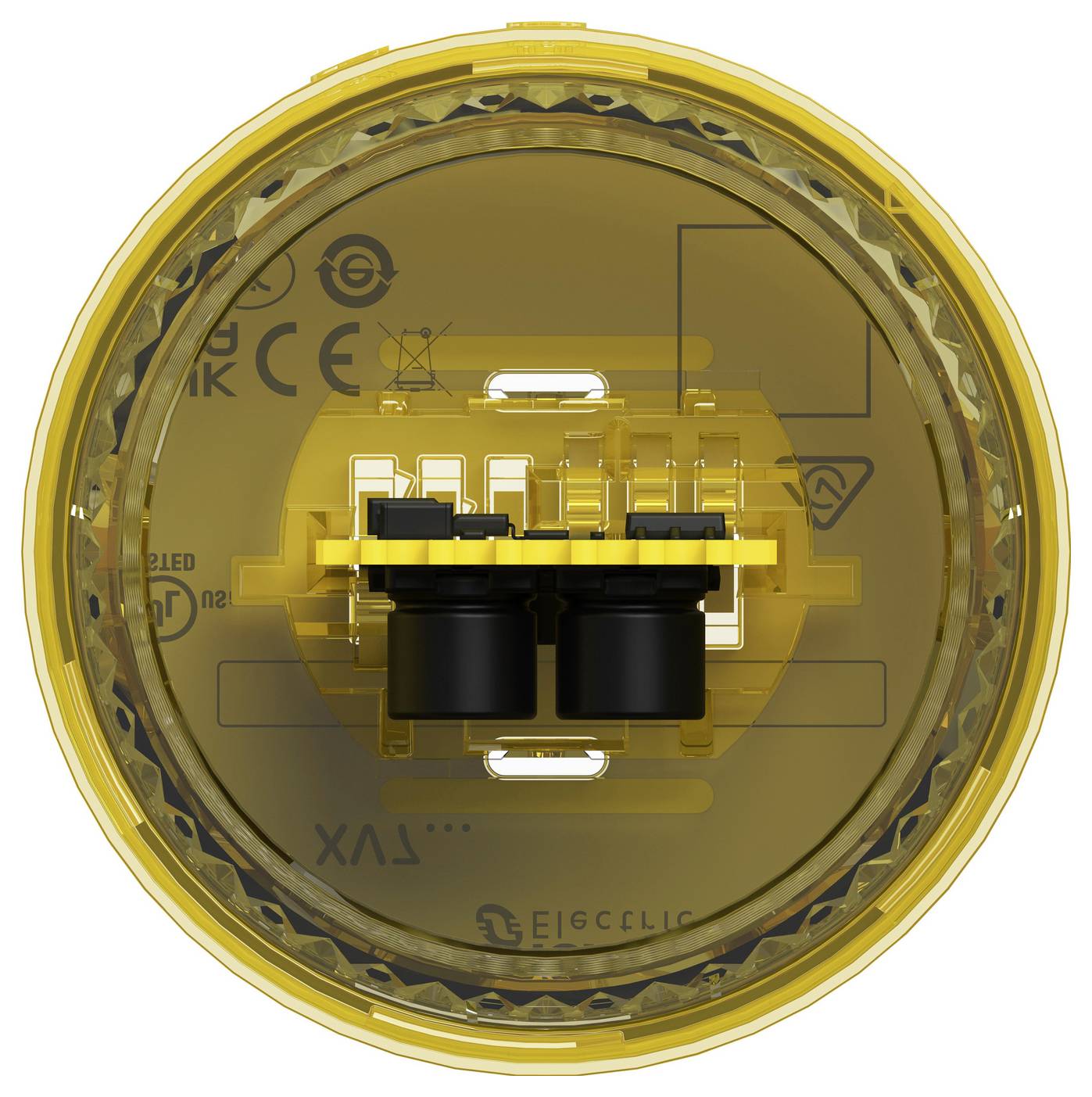 Gros plan d'un composant électronique circulaire jaune ou d'un dispositif en forme de lentille avec deux pièces cylindriques noires au centre et des marquages de certification imprimés.
