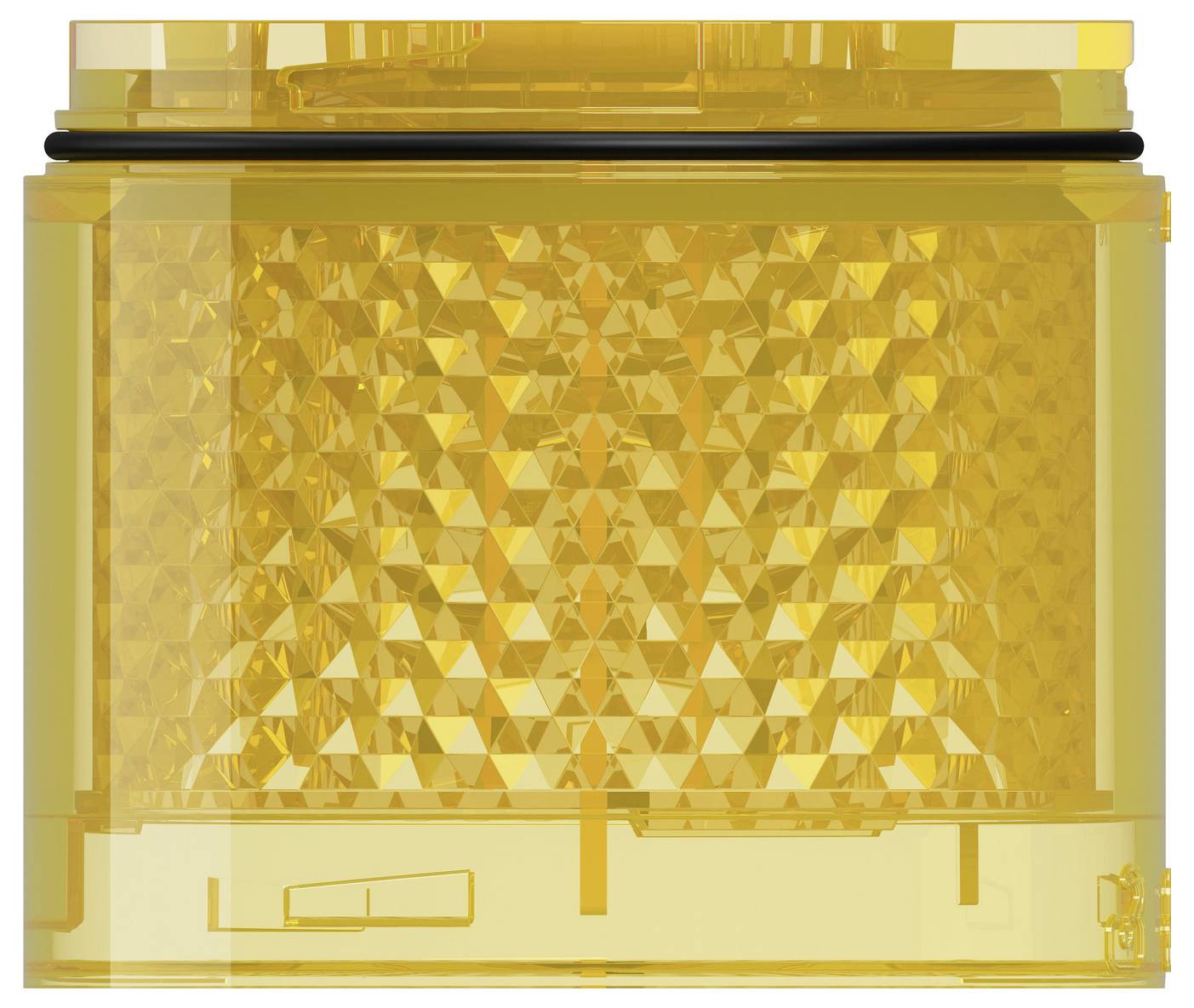 Conteneur de brique style LEGO jaune transparent avec un cœur intérieur à facettes et une base plate, montré en vue latérale.