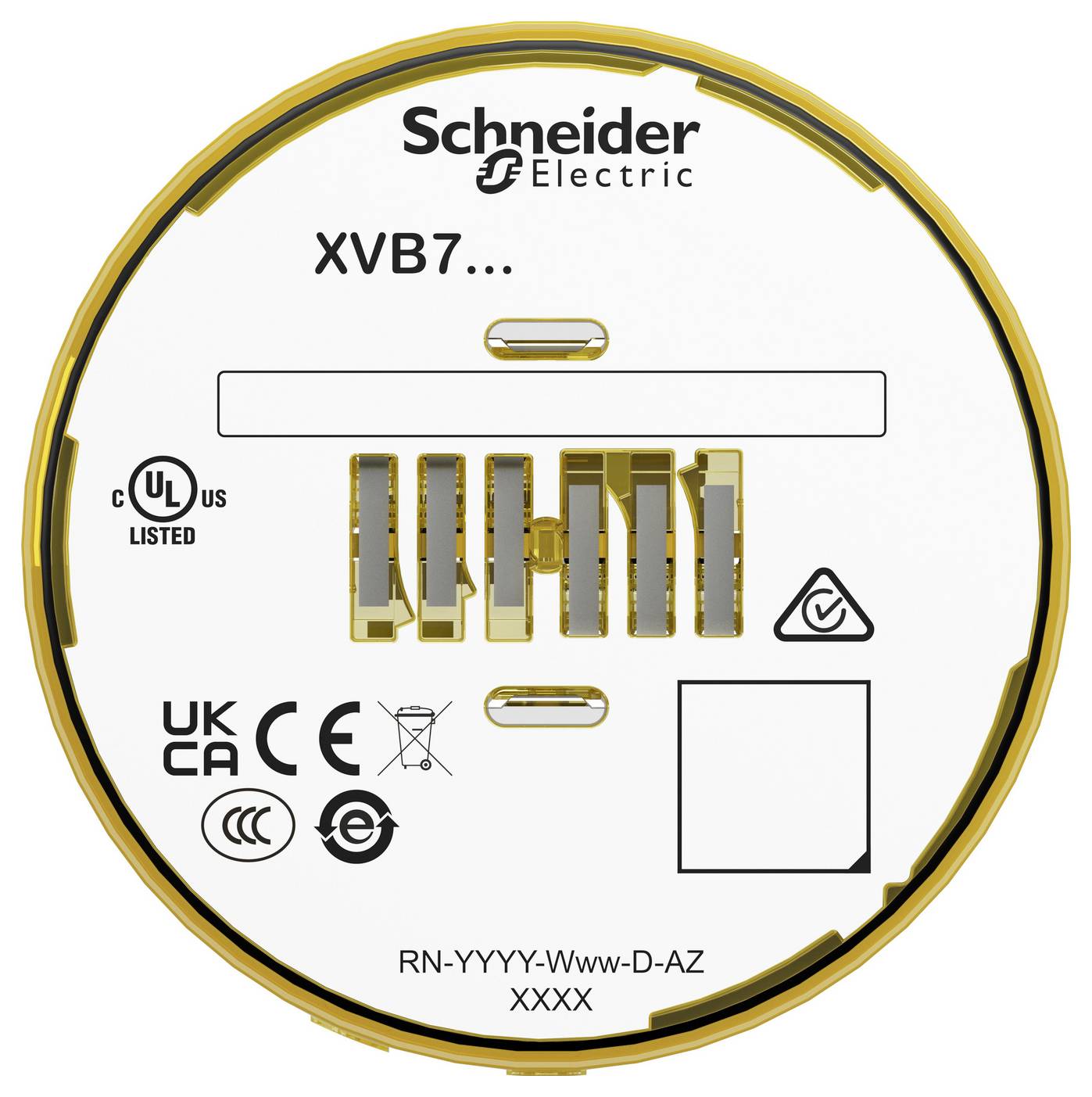 Étiquette de composant électrique circulaire Schneider Electric marquée « XVB7... », avec logos de certification et code de modèle « RN-YYYY-Www-D-AZ XXXX » en bas.