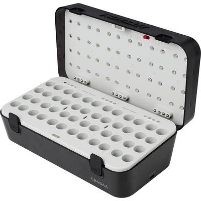 Étui de transport noir ouvert avec insert en mousse contenant plusieurs petits tubes d'échantillon ou fioles, montré ouvert sur un fond blanc.