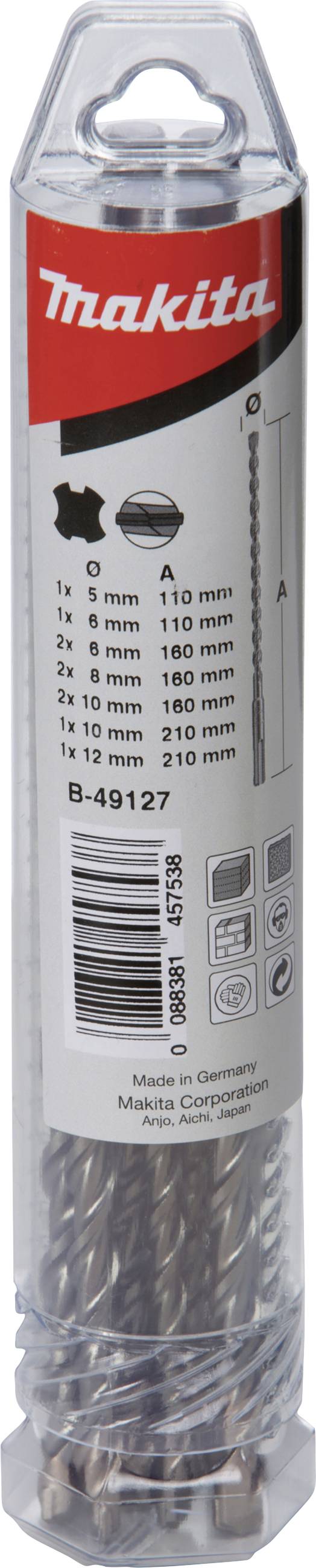 Makita B-49127 carbure de tungstène Jeu de forets spiralés pour pierre 5 mm, 6 mm, 8 mm, 10 mm, 12 mm SDS-Plus 1 set-0