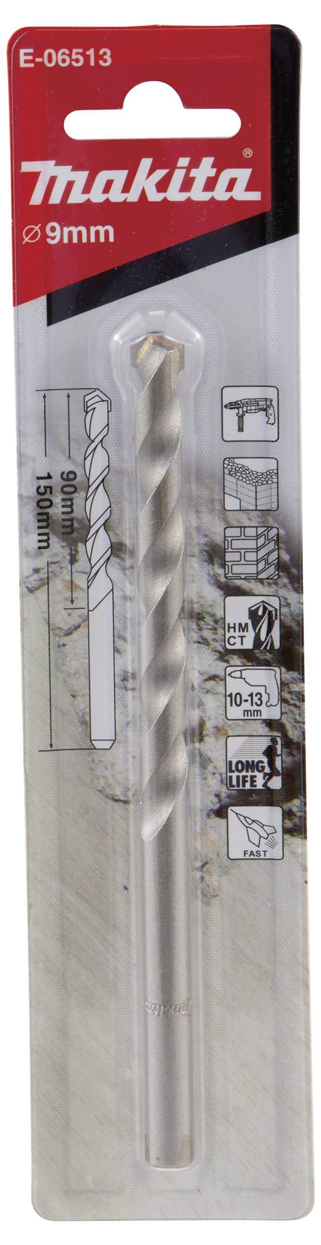 Makita E-06513 carbure de tungstène Foret pour la pierre 9 mm tige cylindrique 1 pc(s)-1