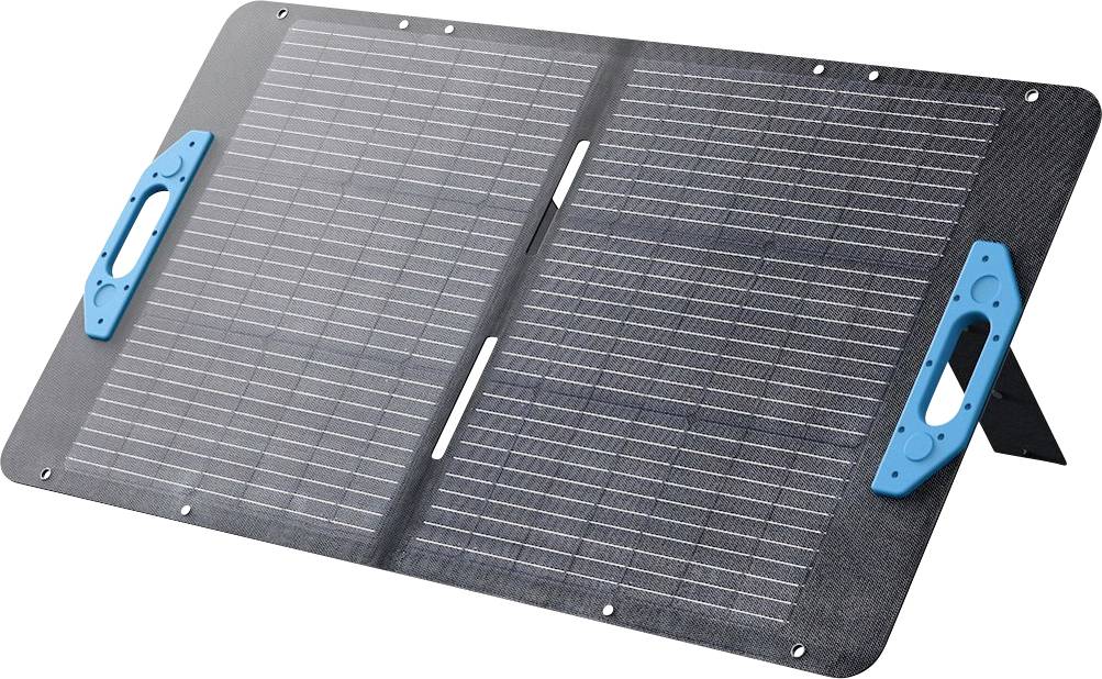 Un panneau solaire pliable doté de deux poignées bleues, conçu pour un usage portable. Le panneau est positionné en angle grâce à un petit support.