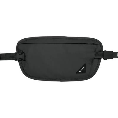 Un porte-monnaie de voyage noir avec une grande compartiment à fermeture éclair, une bandoulière réglable et une petite étiquette de logo dans le coin.