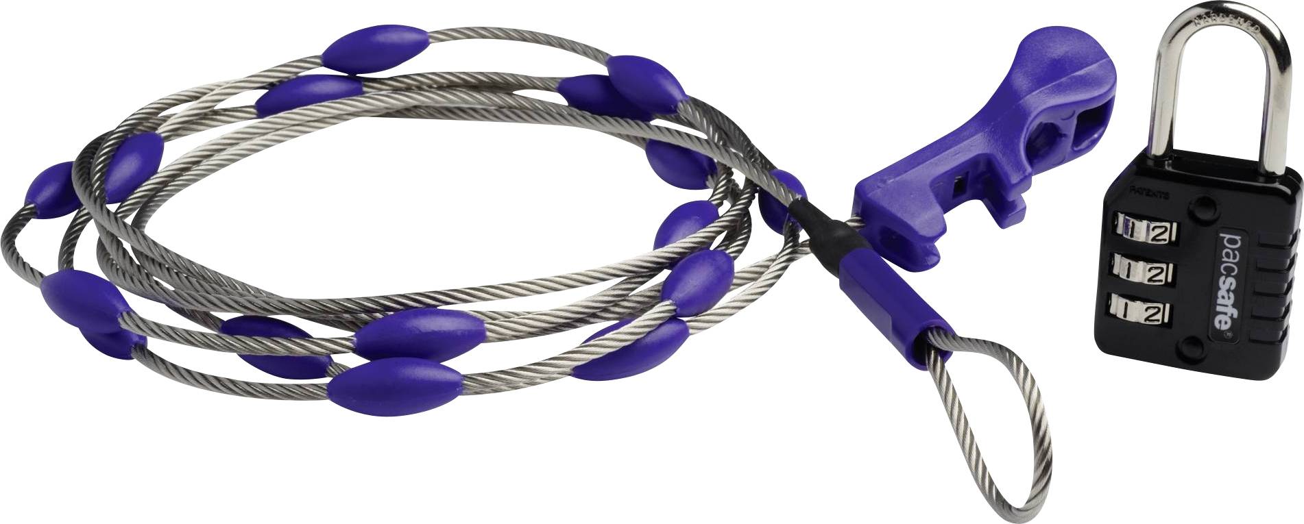 Un câble de sécurité enroulé avec un cadenas à combinaison attaché. Le câble est en métal avec des sections en caoutchouc bleu. Le cadenas affiche le nom de la marque.