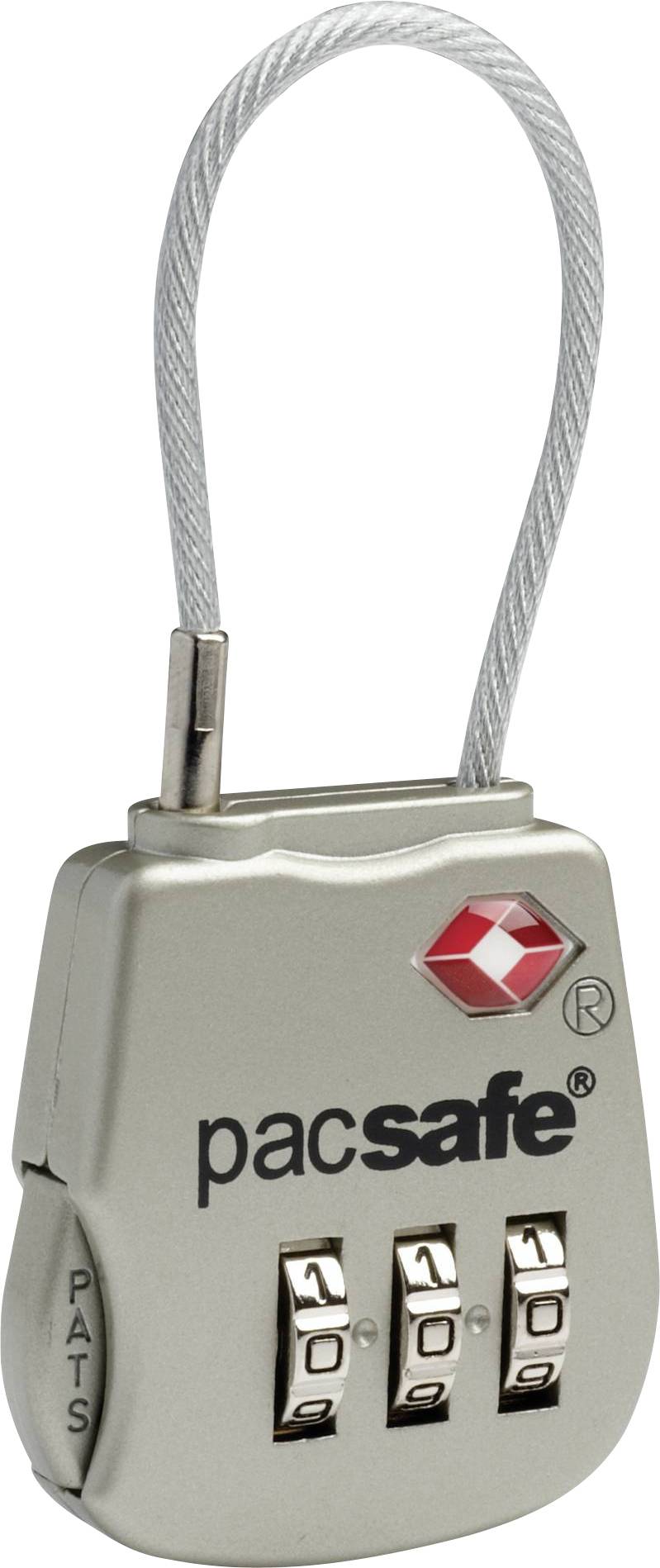 Un petit cadenas à combinaison en argent avec trois cadrans numérotés de '100'. Le cadenas est équipé d'une boucle de câble métallique et porte le nom de marque 'pacsafe'.