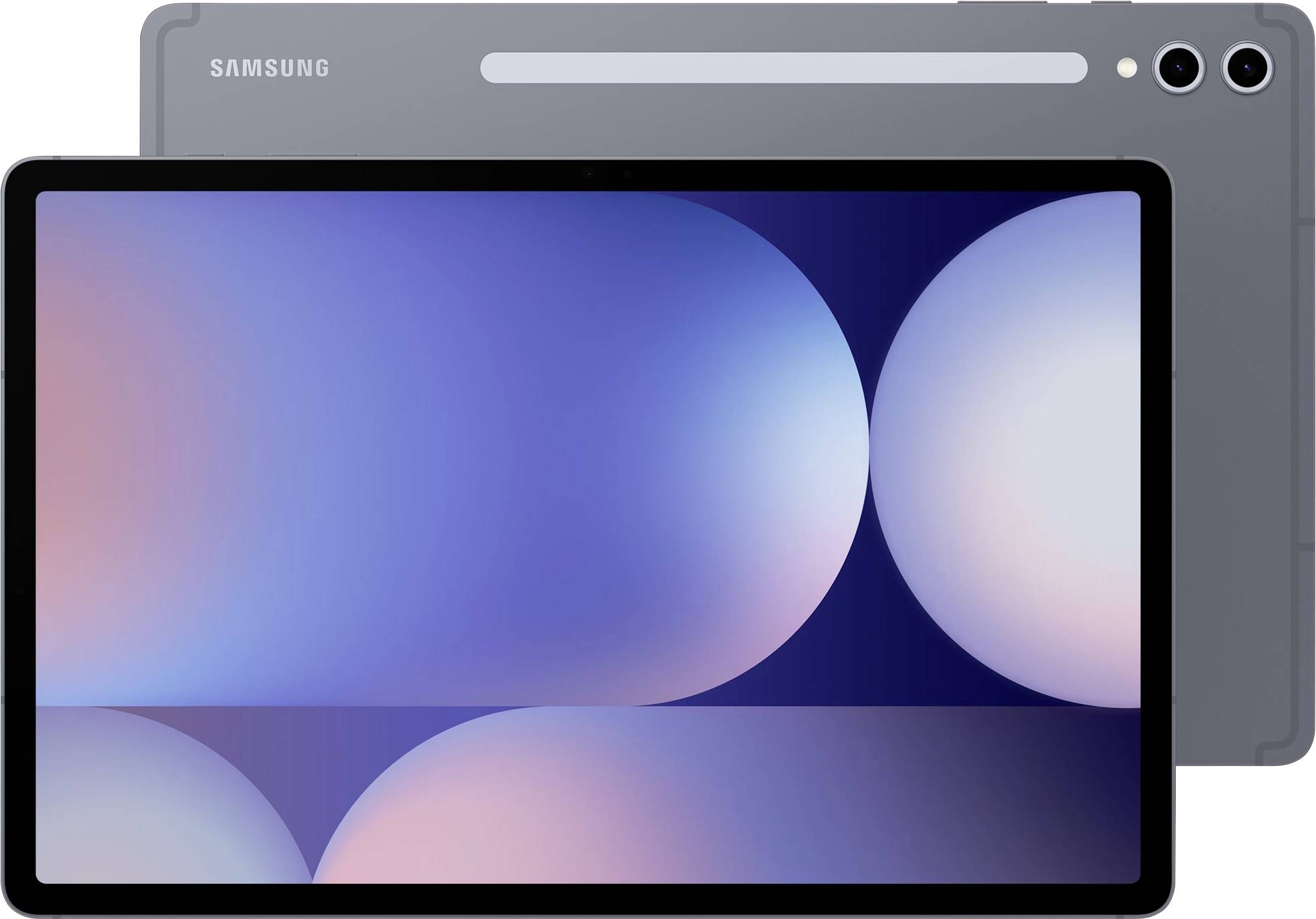 Une tablette Samsung avec un grand écran affichant des cercles abstraits dans des tons de bleu et de violet. Le dos présente un double système de caméras.