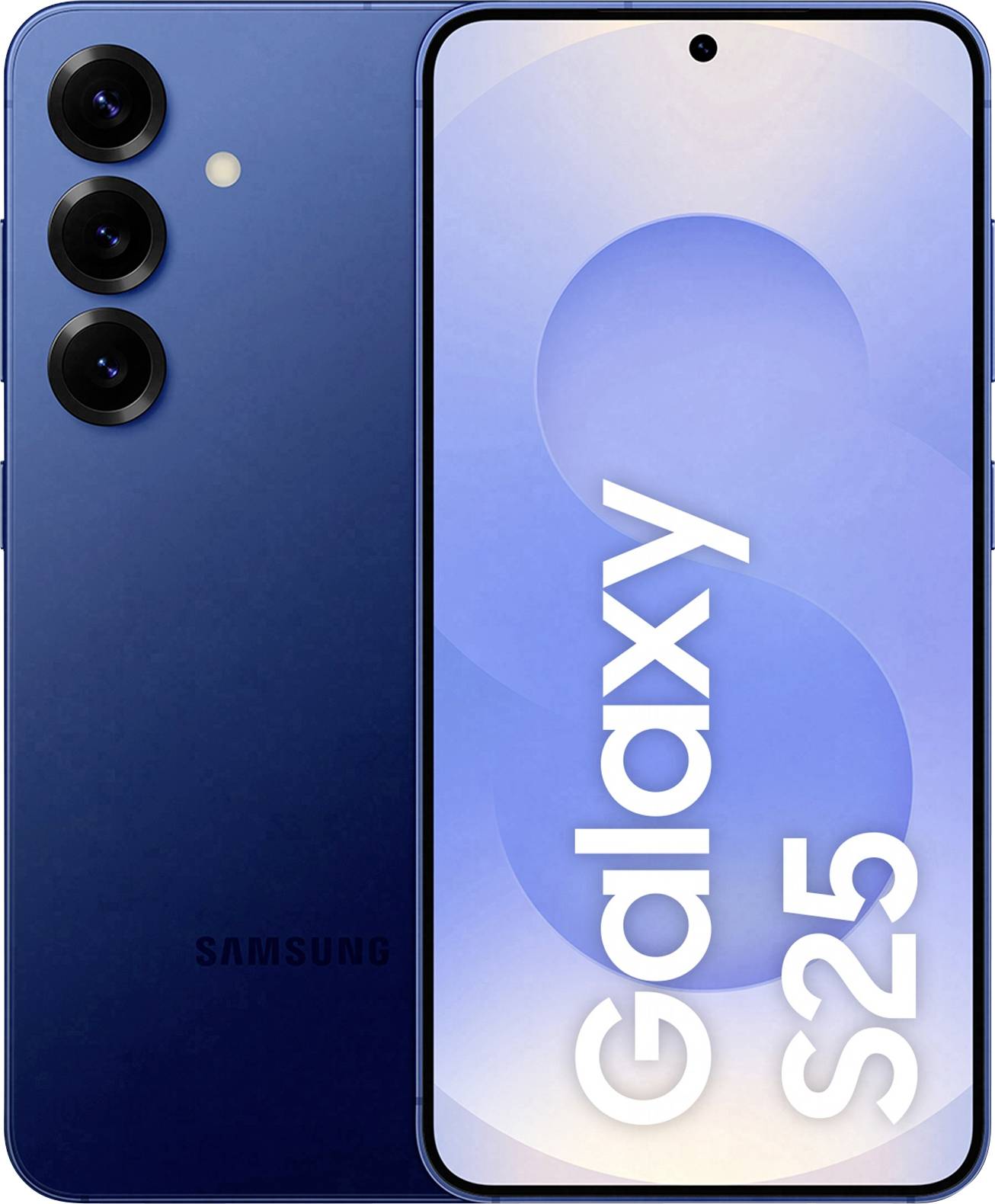 Un smartphone étiqueté « Galaxy S25 », doté d'un dos bleu avec trois objectifs de caméra alignés verticalement sur la gauche.