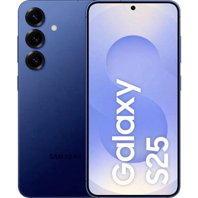 Un smartphone étiqueté « Galaxy S25 », doté d'un dos bleu avec trois objectifs de caméra alignés verticalement sur la gauche.
