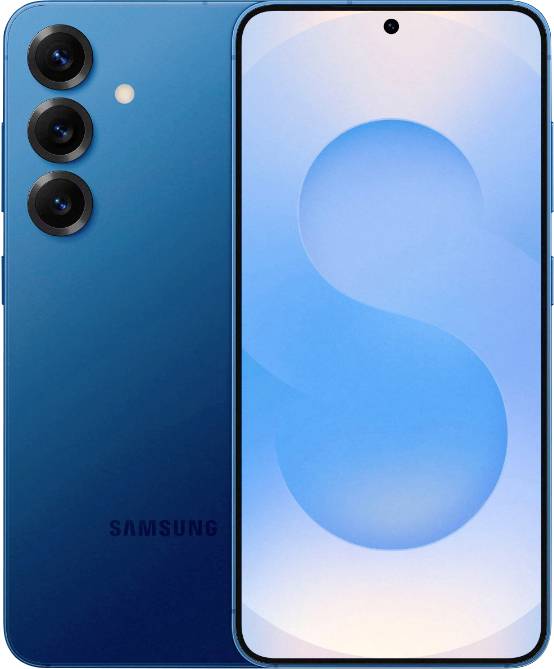 Un smartphone Samsung bleu avec trois caméras arrière et un écran affichant un « S » stylisé.