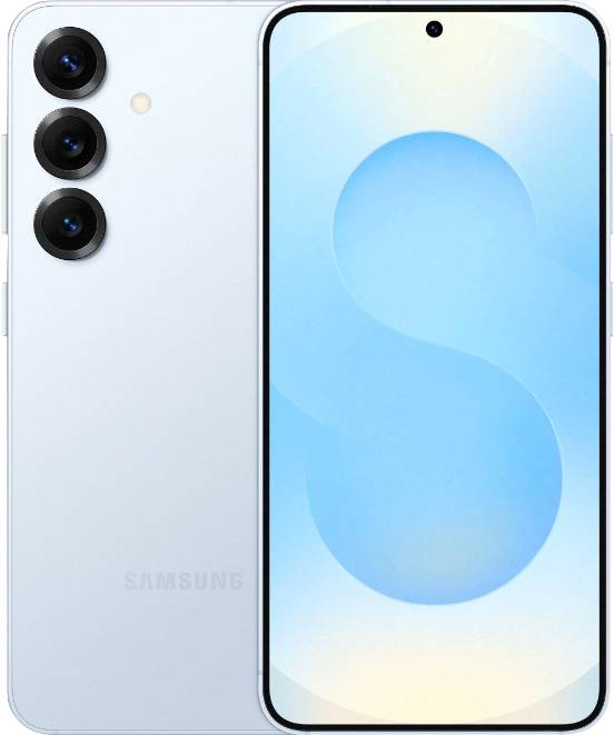Un smartphone bleu clair doté de trois caméras arrière, avec le logo Samsung estampé, et un design abstrait bleu vif à l'écran.