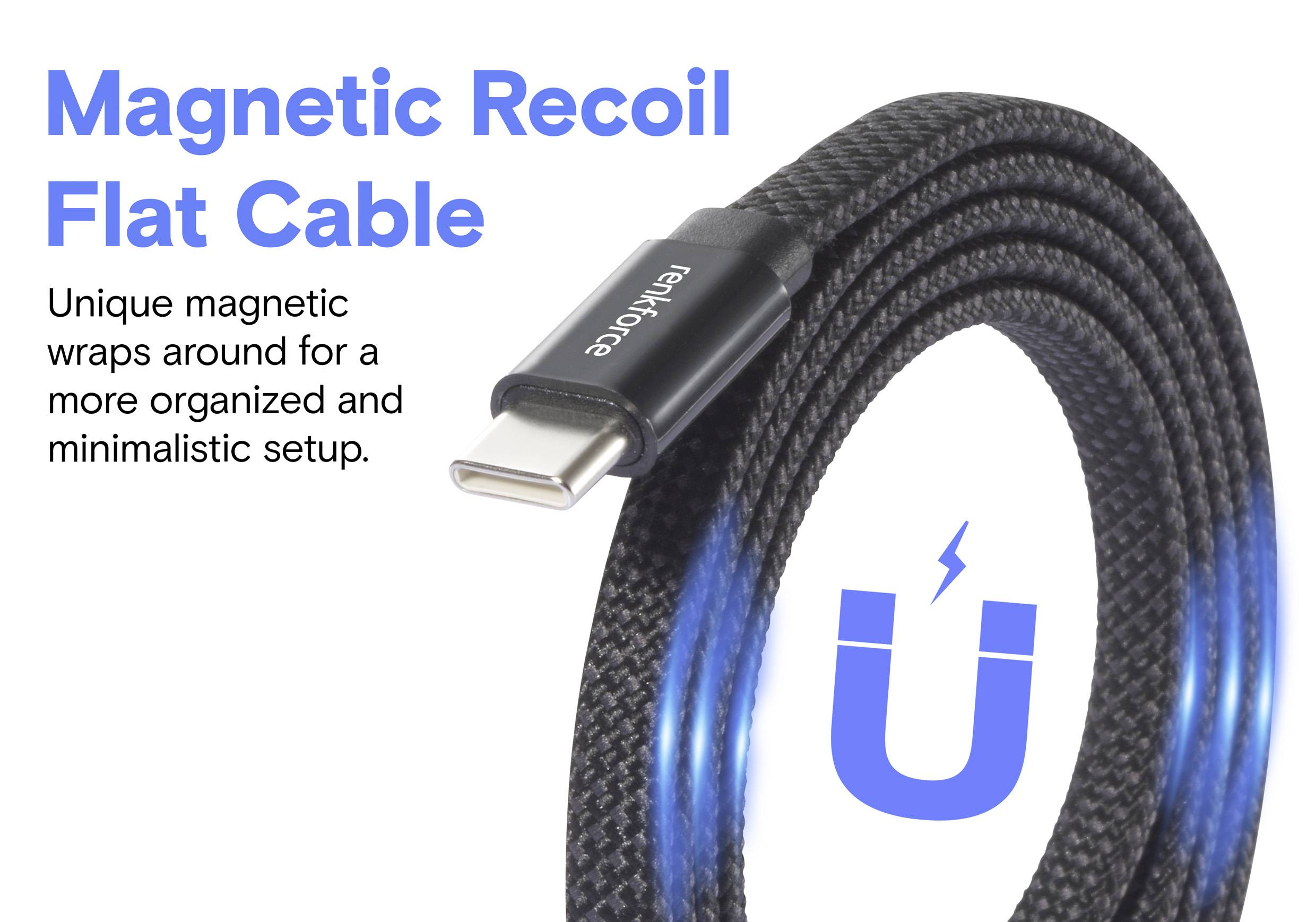 Un câble plat magnétique enroulé avec une extrémité USB-C. Le texte met en valeur sa configuration organisée et minimaliste. Détail magnétique bleu illustré.