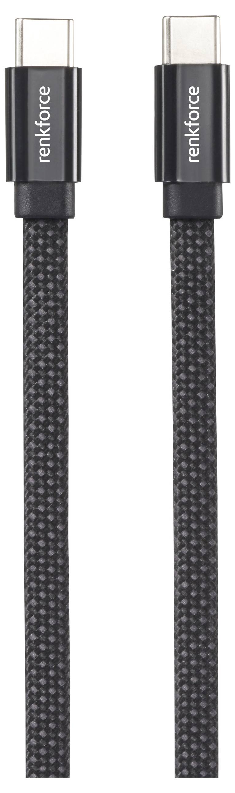 Un câble noir tressé USB-C vers USB-C avec des connecteurs aux deux extrémités pour la charge ou le transfert de données.