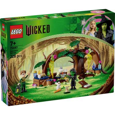Ensemble LEGO Méchante comprenant la Retraite d'Elphaba avec des personnages, une scène de forêt mystique, et 228 pièces, recommandé pour les enfants de 7 ans et plus.