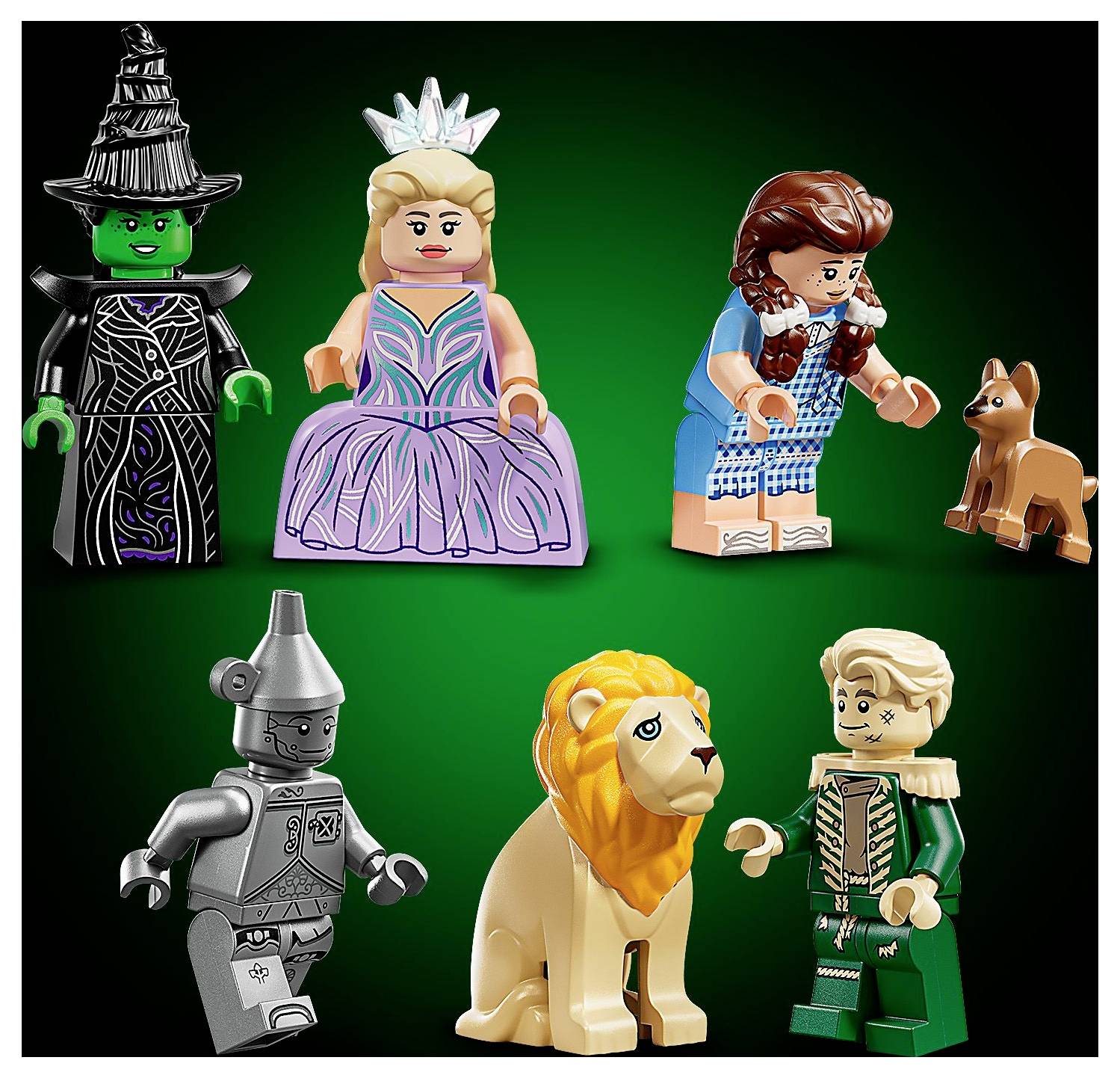 Figurines LEGO représentant des personnages d'un récit fantastique classique, comprenant une sorcière, une princesse, une fille avec un chien, un lion, un robot et un homme dans un costume vert.