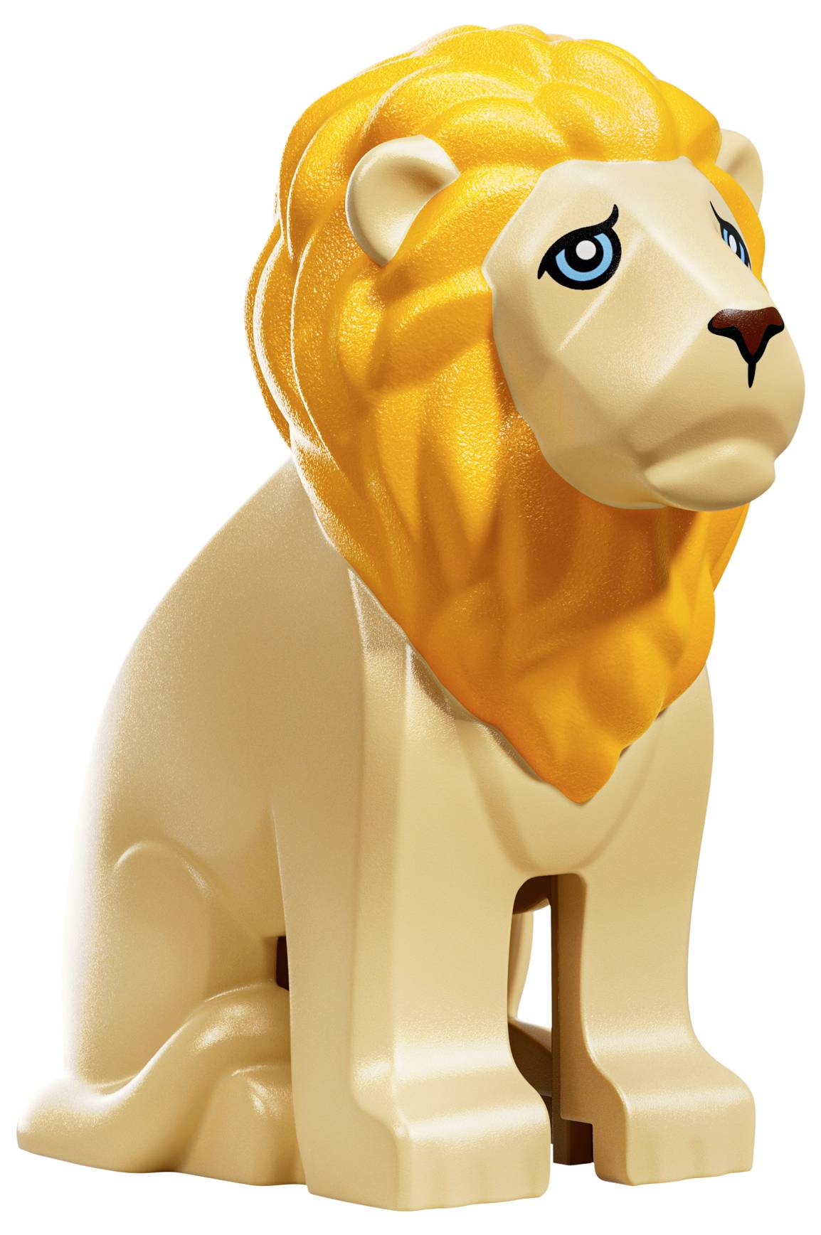 Un modèle de jouet d'un lion assis droit, avec une épaisse crinière orange et des yeux bleus.