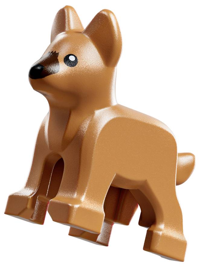 Une petite figurine de chien jouet brune avec des oreilles pointues et un museau noir, debout.