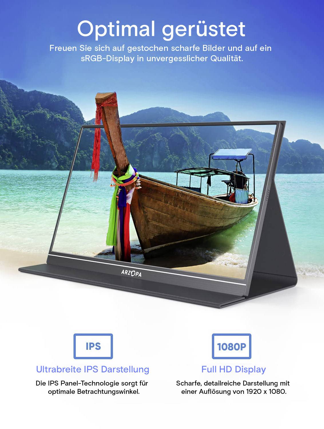 Un moniteur portable ARZOPA est posé sur une plage de sable, affichant un bateau sur l'océan. Le texte décrit sa qualité sRGB, sa technologie IPS et sa résolution 1080p.