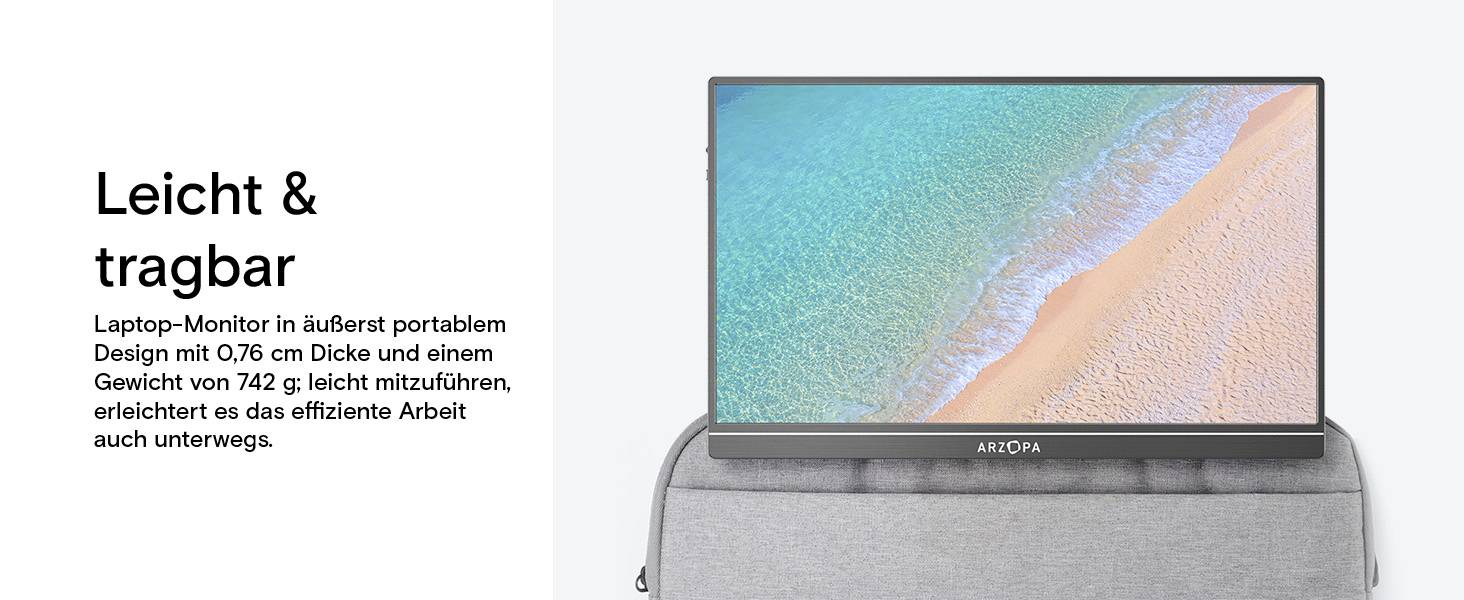 Un moniteur portable au design élégant est affiché, montrant une scène de plage vibrante. Un texte en allemand le décrit comme léger et facile à transporter.
