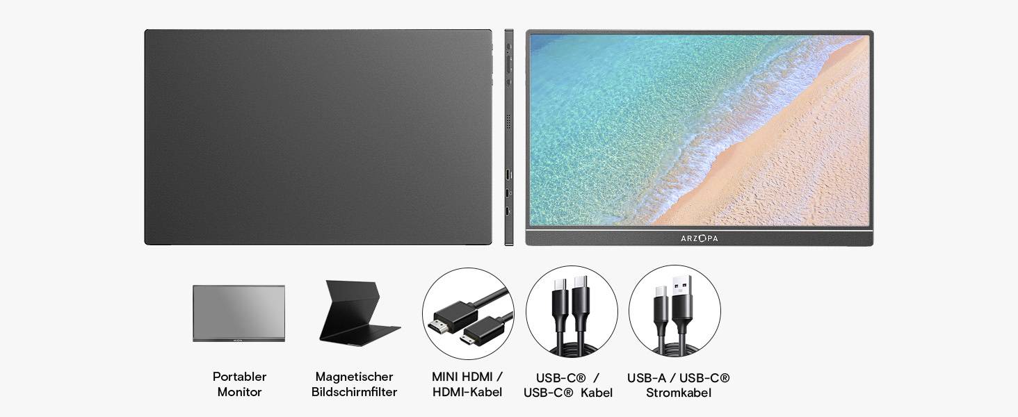 Moniteur portable montré de face et de dos avec vue de plage à l'écran. Inclut une housse magnétique, un câble mini HDMI/HDMI, un câble USB-C et un câble d'alimentation USB-A/USB-C.