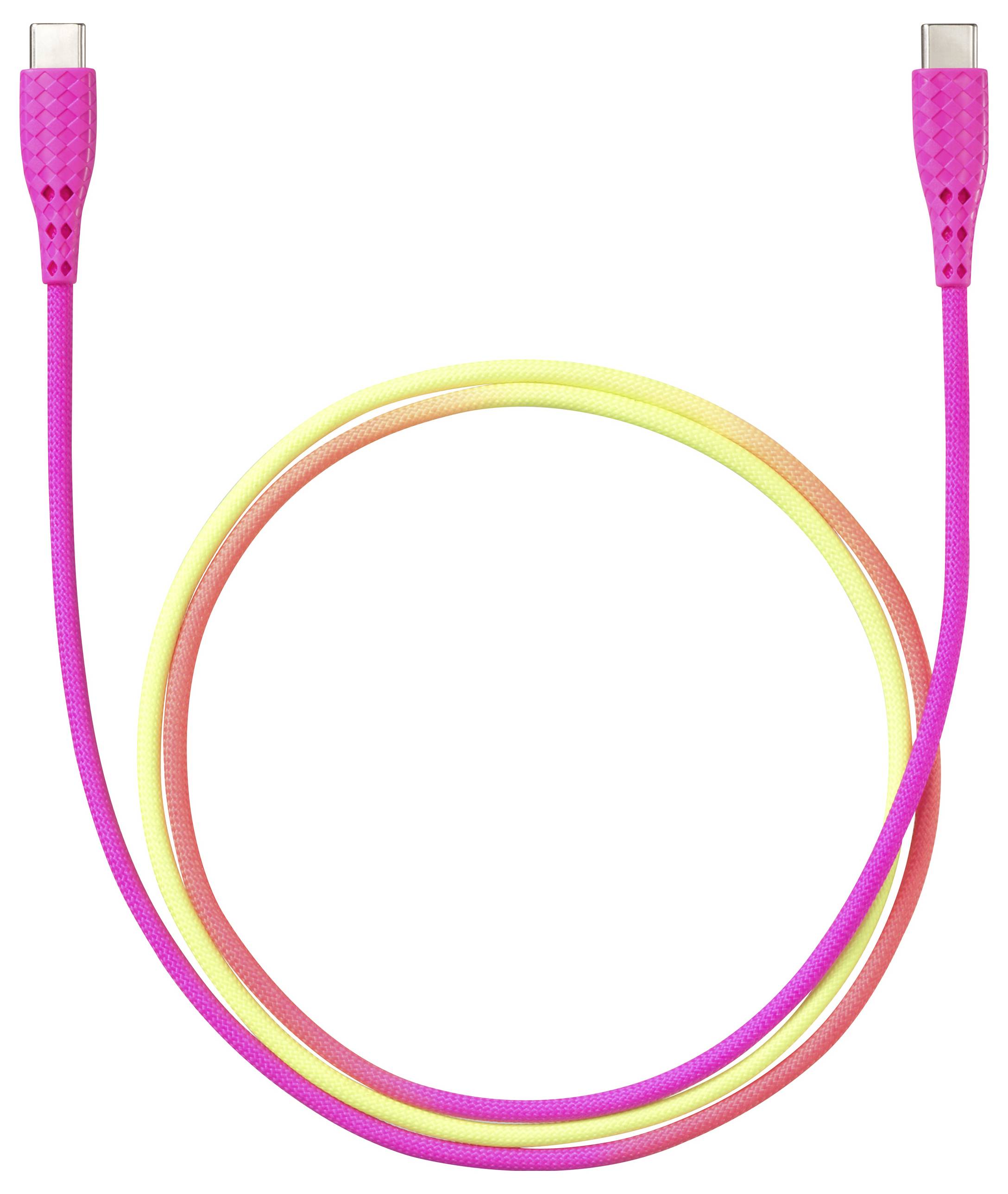 Un câble USB-C vers USB-C avec un dégradé rose et jaune, doté de connecteurs renforcés aux deux extrémités, enroulé en forme circulaire.