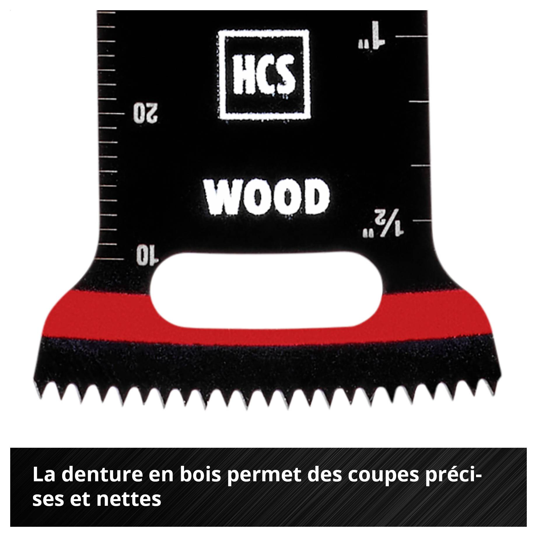 Une lame de scie portant l'inscription 'HCS WOOD', appropriée pour des coupes de bois précises et nettes grâce à un denture spéciale.