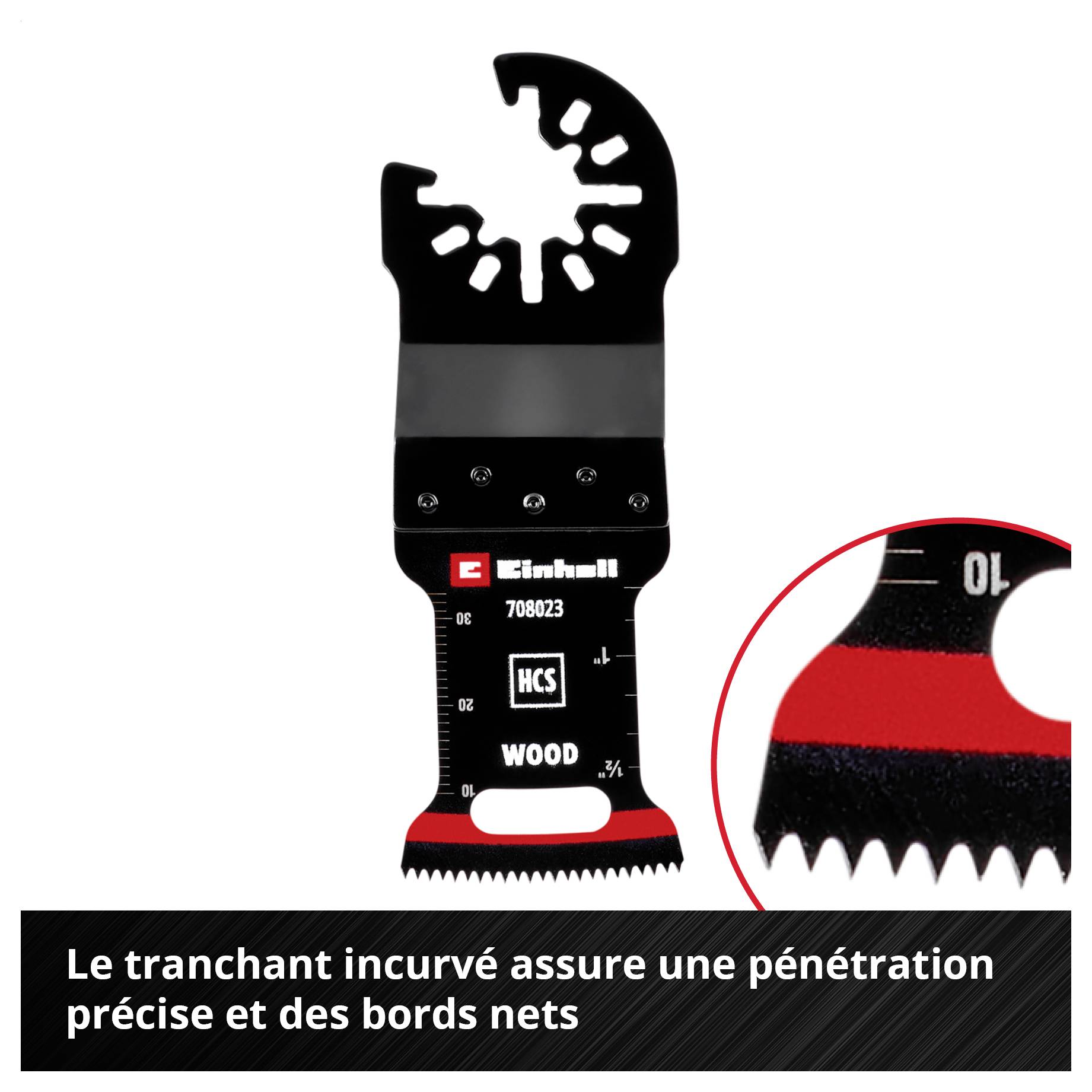Lame de scie Einhell noir-rouge avec design courbé pour une pénétration précise et des coupes nettes. Convient pour le bois.